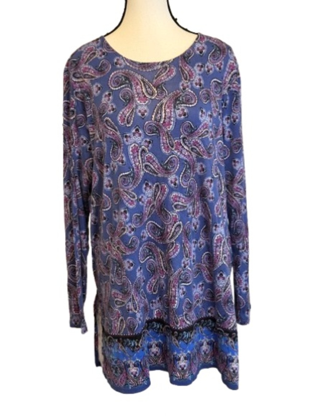 J Jill Pure Jill XL Pima Cotton Paisley Tunic Top Blue Purple Long Sleeve Boho - Picture 2 of 6
